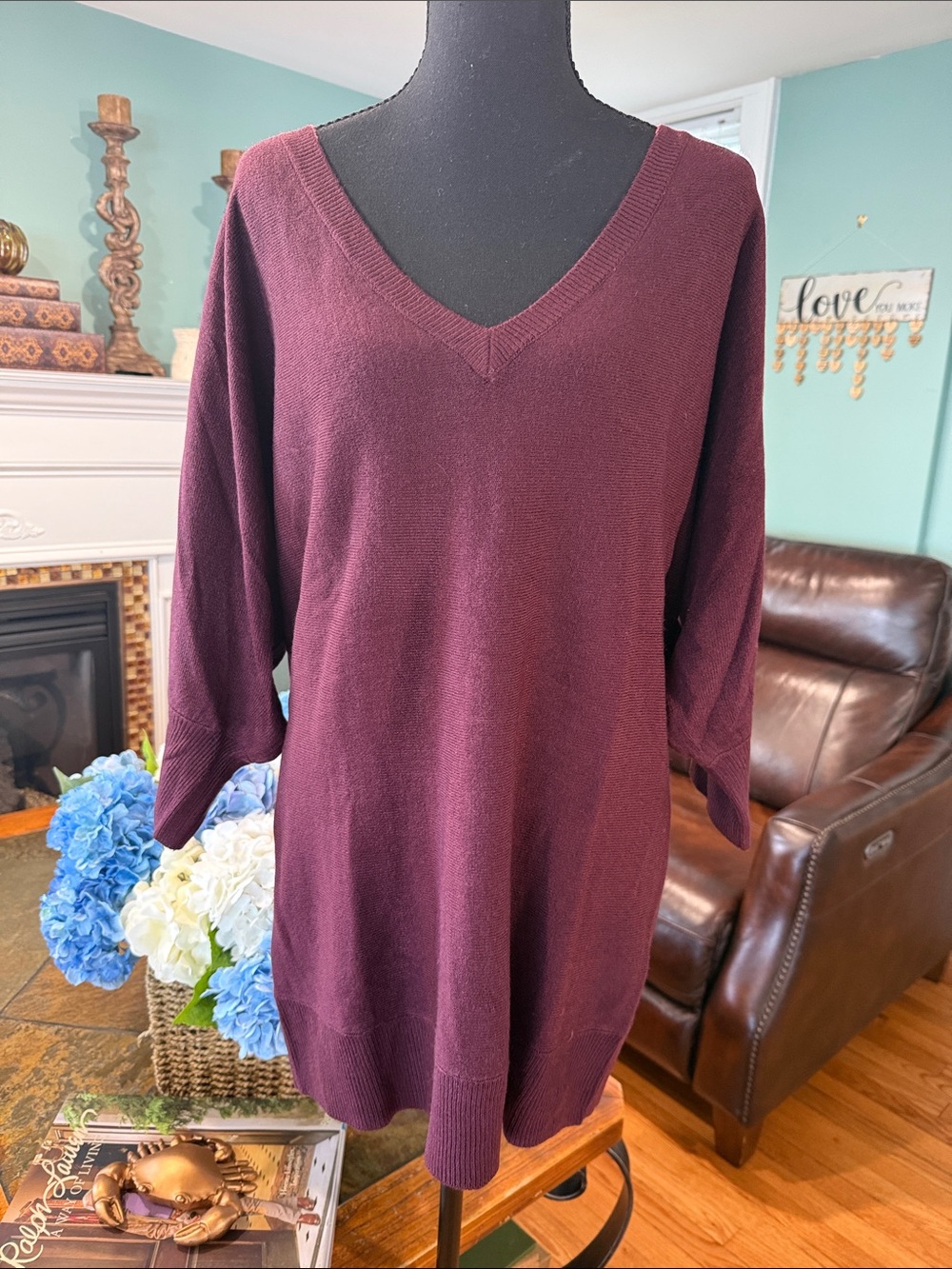 New York & Company Women's V-Neck Sweater Tunic in Burgundy